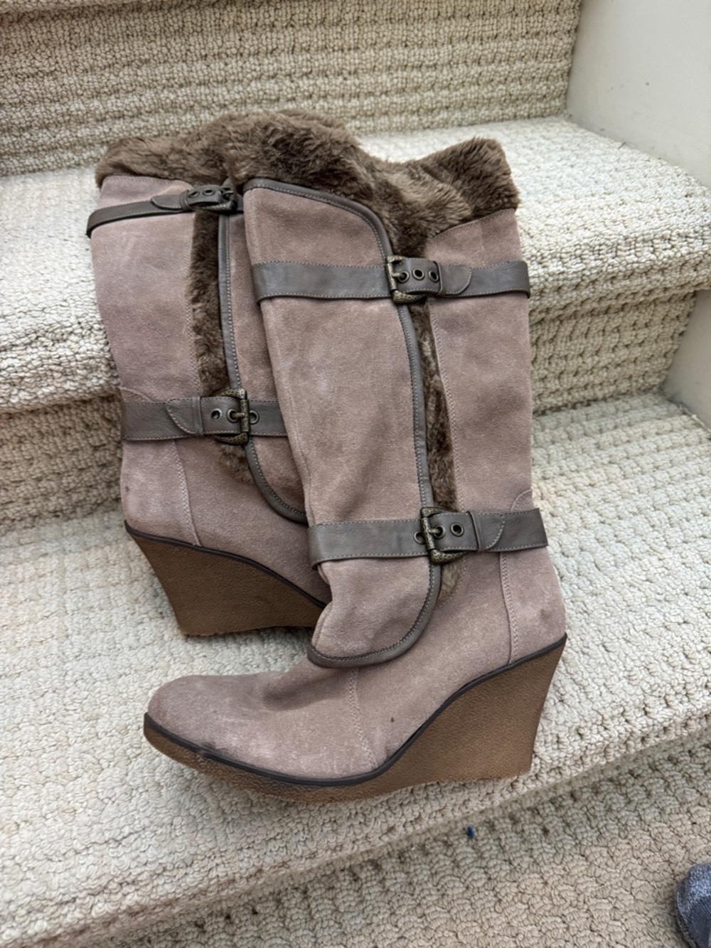 BareTraps Taupe Suede Wedge Knee-High Boots with Faux Fur Trim
